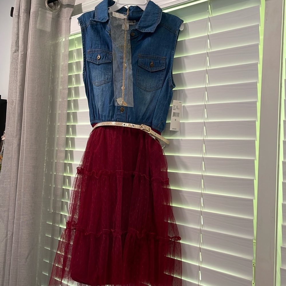 Girls casual dress, denim and tulle.